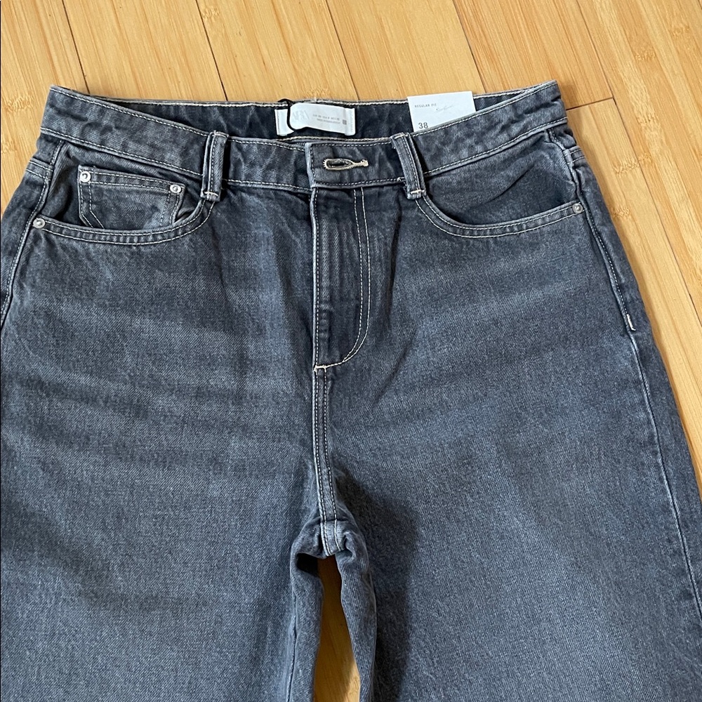 Women Zara Gray Straight Jeans High Rise Regular Fit NWT 38 USA 6 100% Cotton